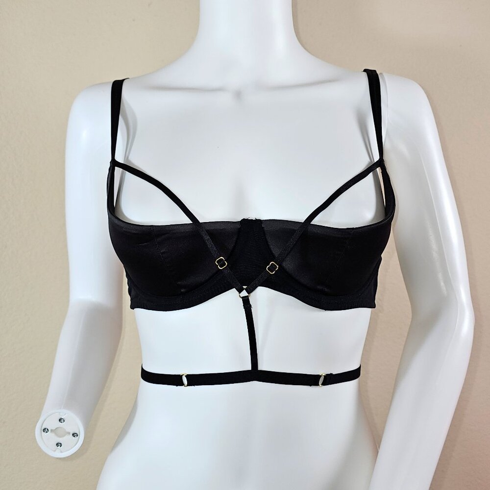 Hustler Sloan Black Open Cup Strappy Balconette Bra, Size US 8